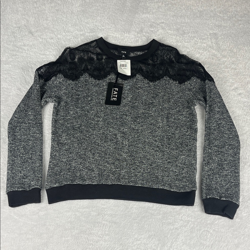 Fate Women's Small Charcoal Sweater‎ with Black Lace Accent NWT